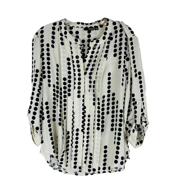 ANA cream black polka dot pleated preppy office button front blouse top medium - Picture 1 of 7